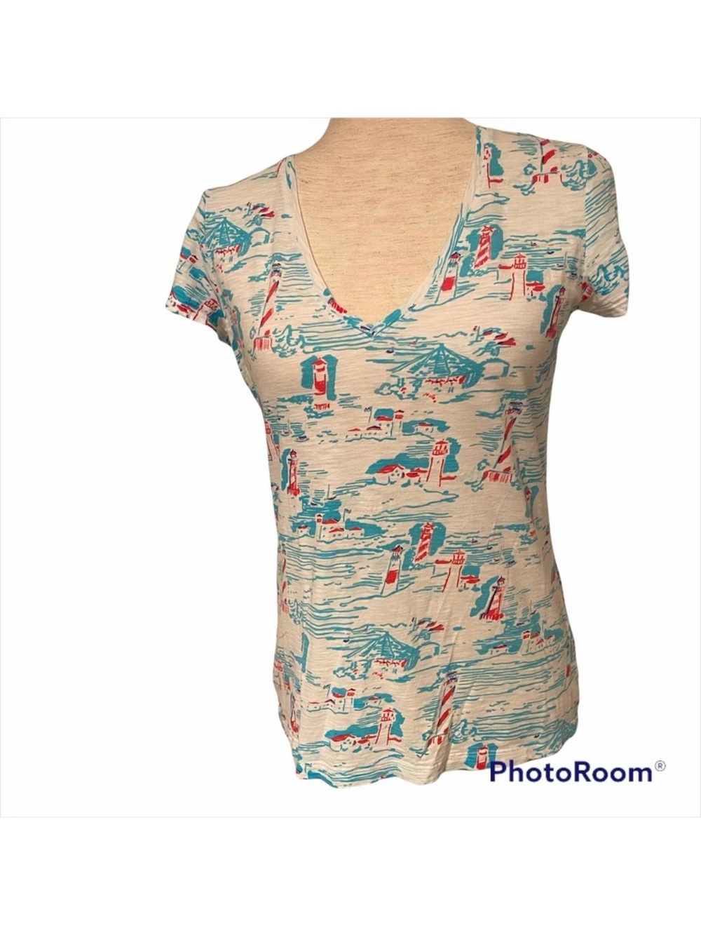 LILLY PULITZER TOP TEE SHORT SLEEVE V-NECK WHITE BLUE PINK LIGHTHOUSE PREPPY S